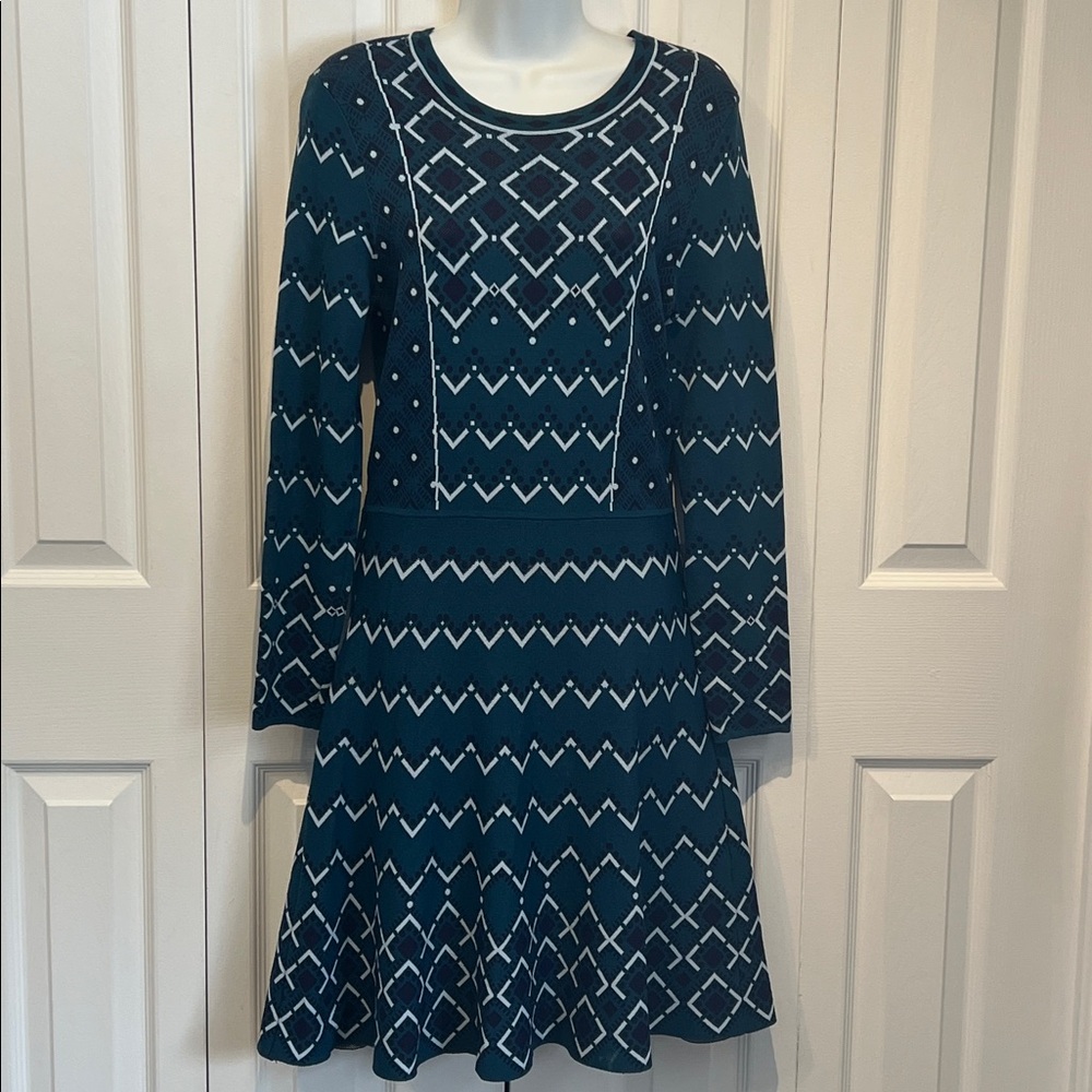 Eliza J Teal/Green/Blue Fit&Flare Long Sleeve Knit Dress Size M NWOT